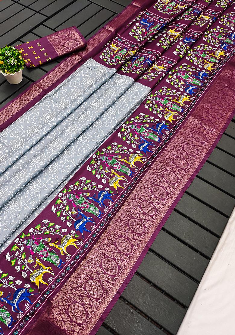 Grey Kalamkari Silk Saree Set