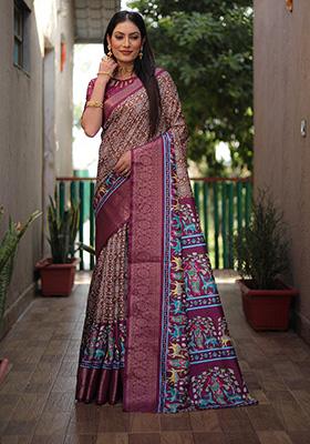 Maroon Kalamkari Silk Saree Set