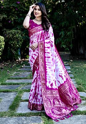 Dark Pink Solid Silk Saree Set