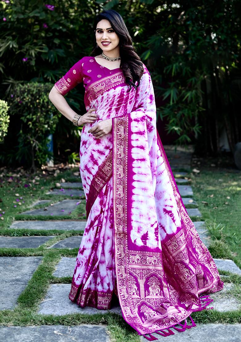 Dark Pink Solid Silk Saree Set