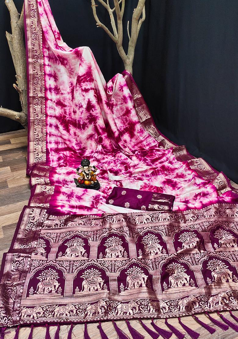 Dark Pink Solid Silk Saree Set