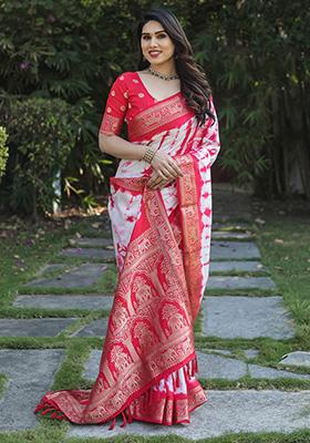 Red Solid Silk Saree Set