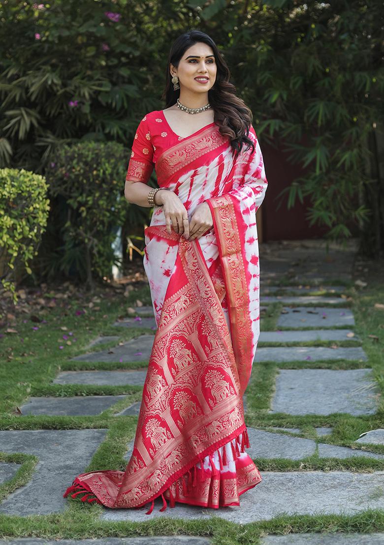 Red Solid Silk Saree Set