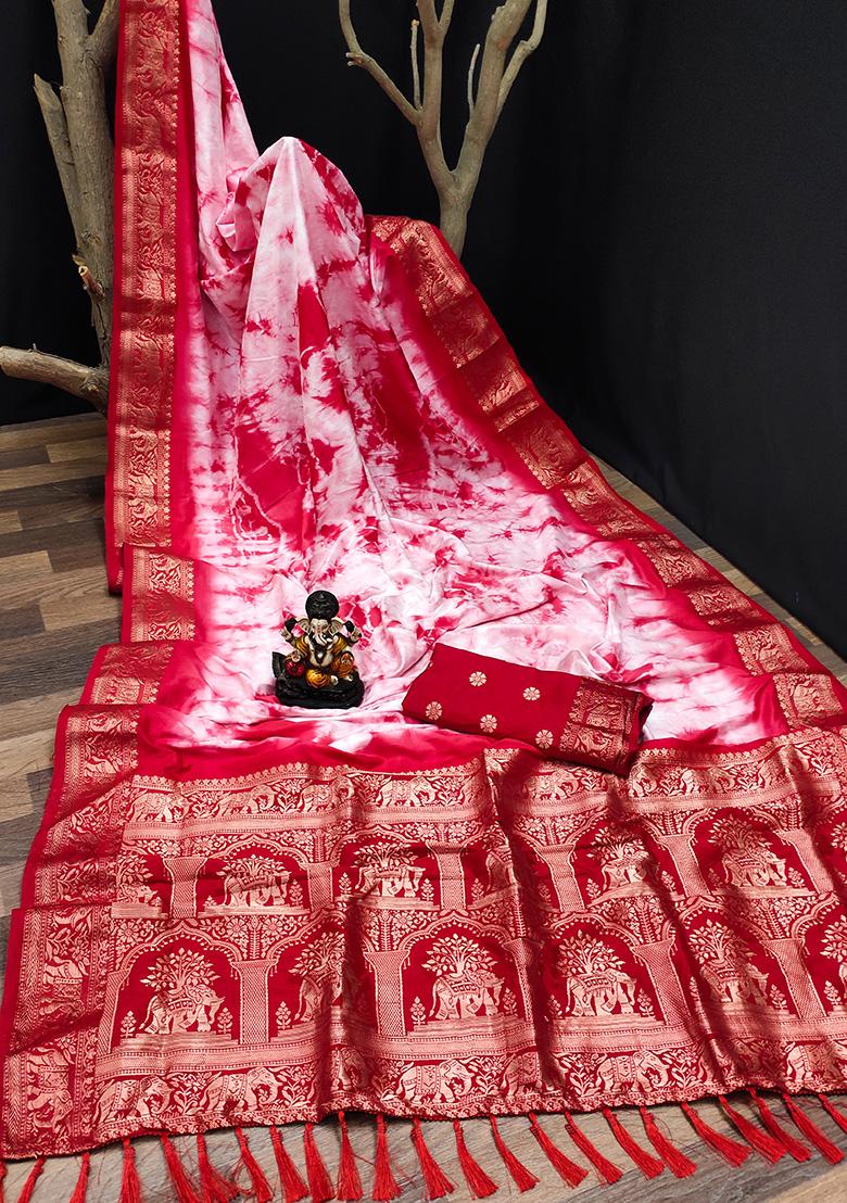 Red Solid Silk Saree Set