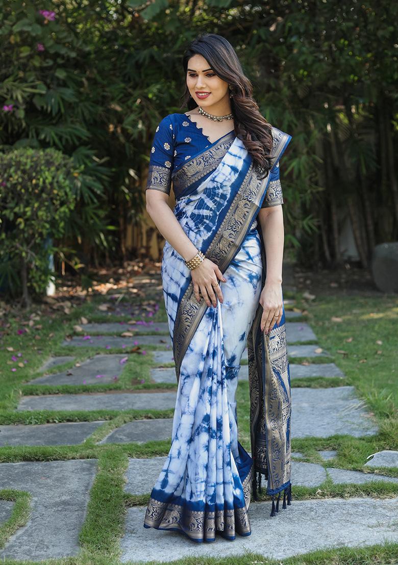 Sky Blue Solid Silk Saree Set