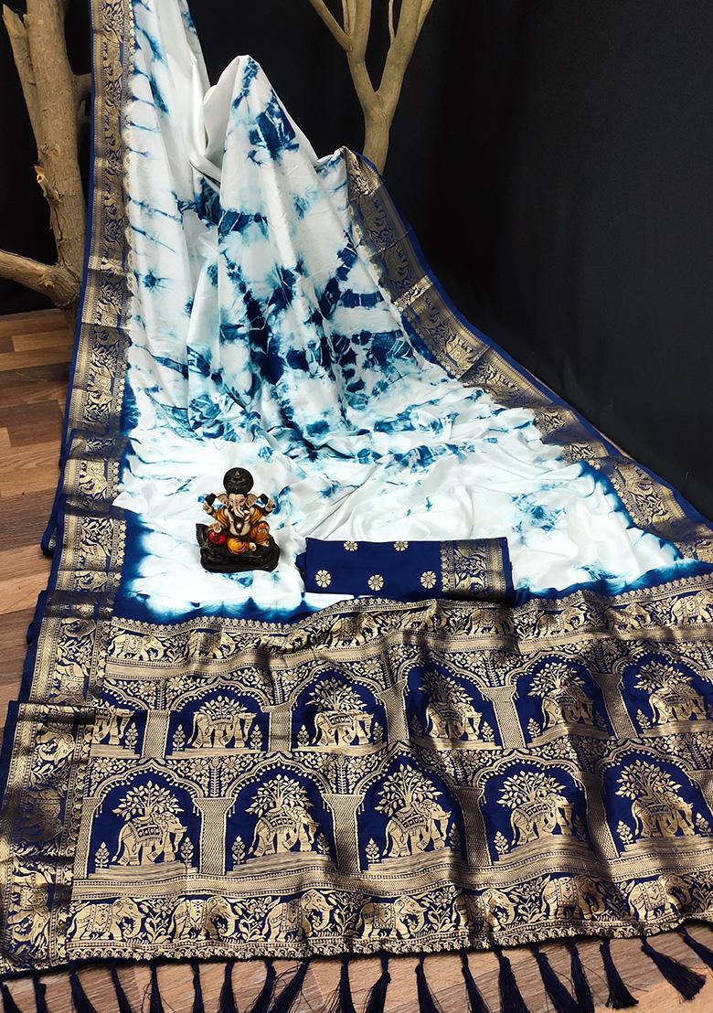 Sky Blue Solid Silk Saree Set