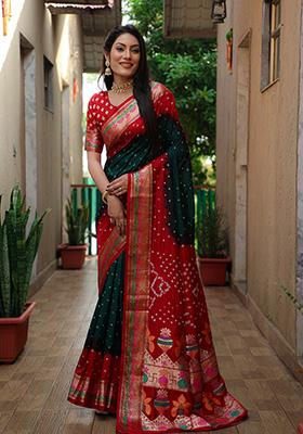 Dark Green Zari Silk Saree Set