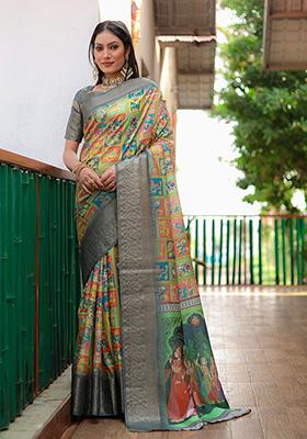 Grey Kalamkari Silk Saree Set