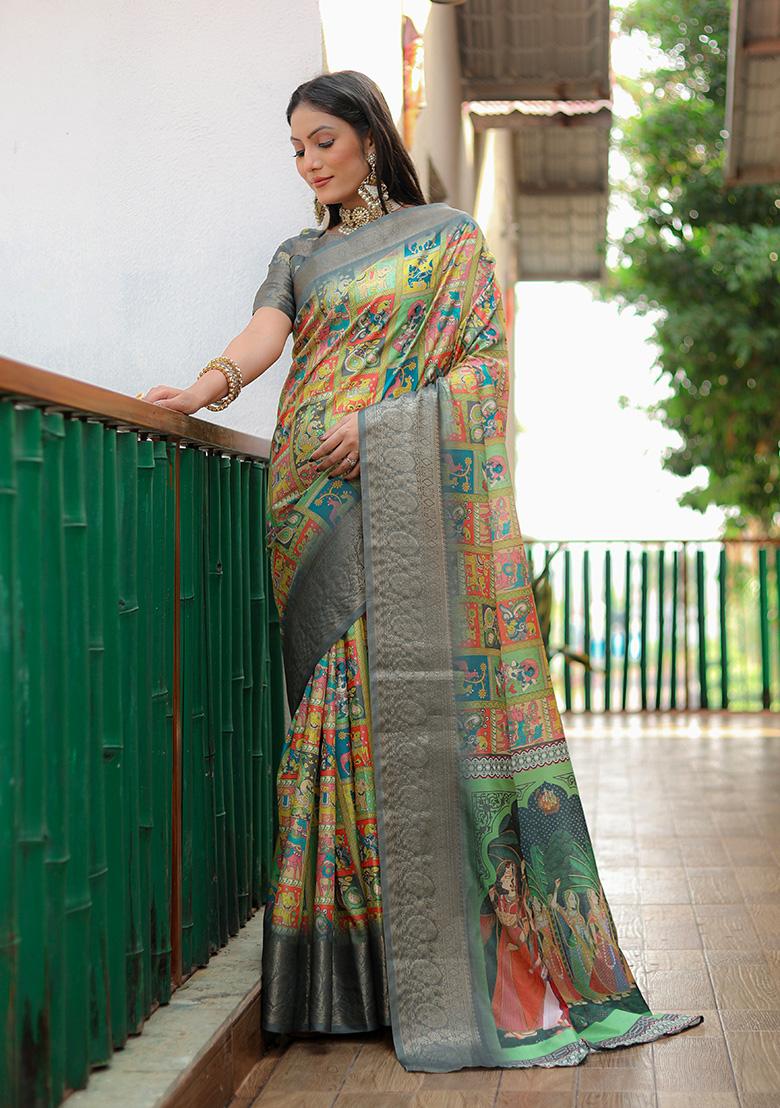 Grey Kalamkari Silk Saree Set