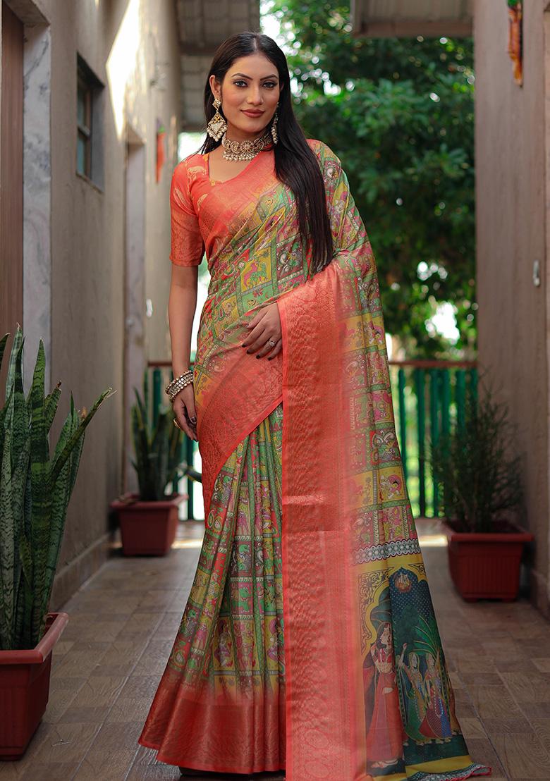 Orange Kalamkari Silk Saree Set