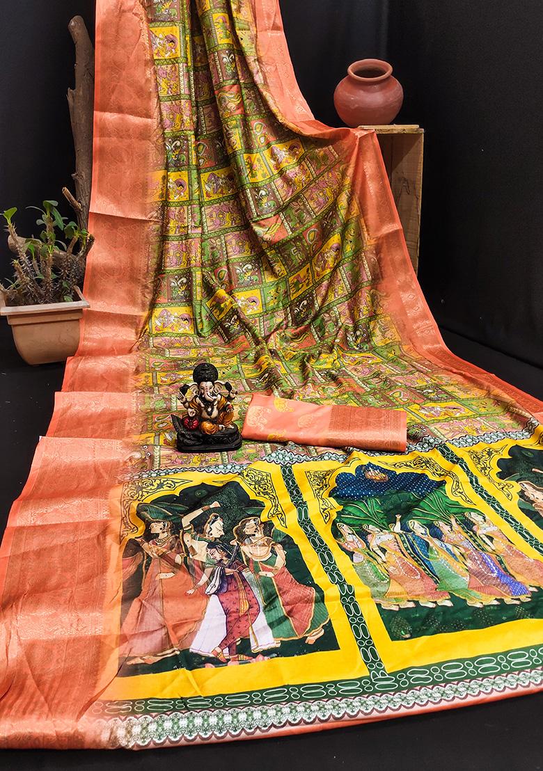 Orange Kalamkari Silk Saree Set