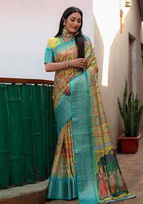 Yellow Kalamkari Silk Saree Set