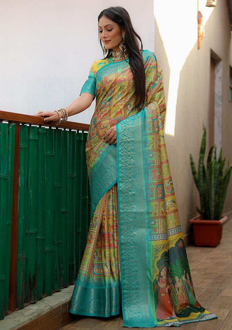 Yellow Kalamkari Silk Saree Set