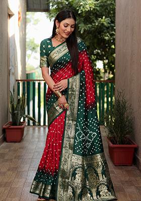 Dark Green Zari Silk Saree Set