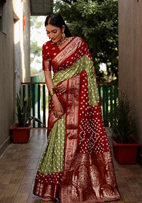 Dark Red Zari Silk Saree Set
