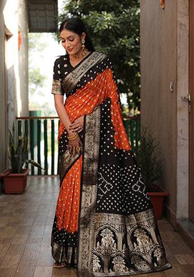 Orange Zari Silk Saree Set