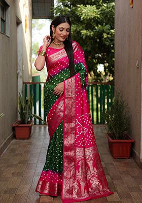 Rani Pink Zari Silk Saree Set