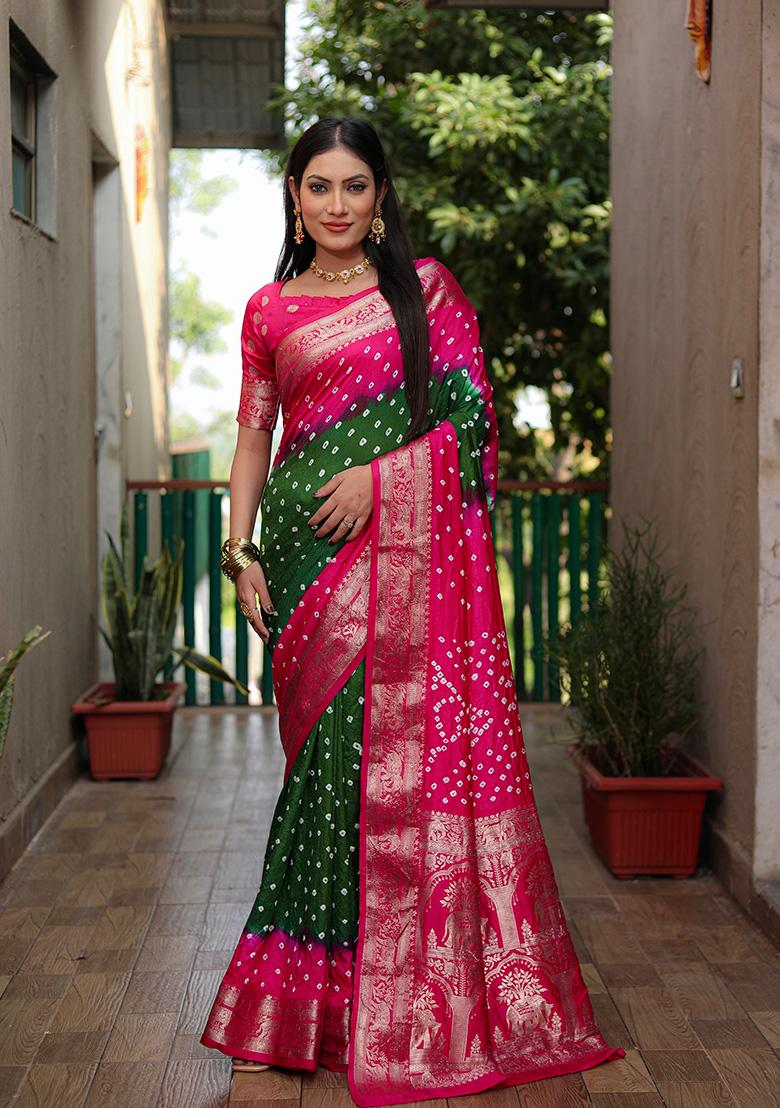 Rani Pink Zari Silk Saree Set