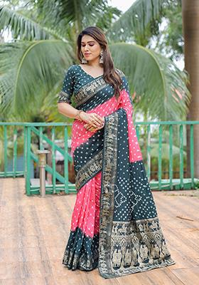 Dark Teal Bandhani Print Silk Saree Set