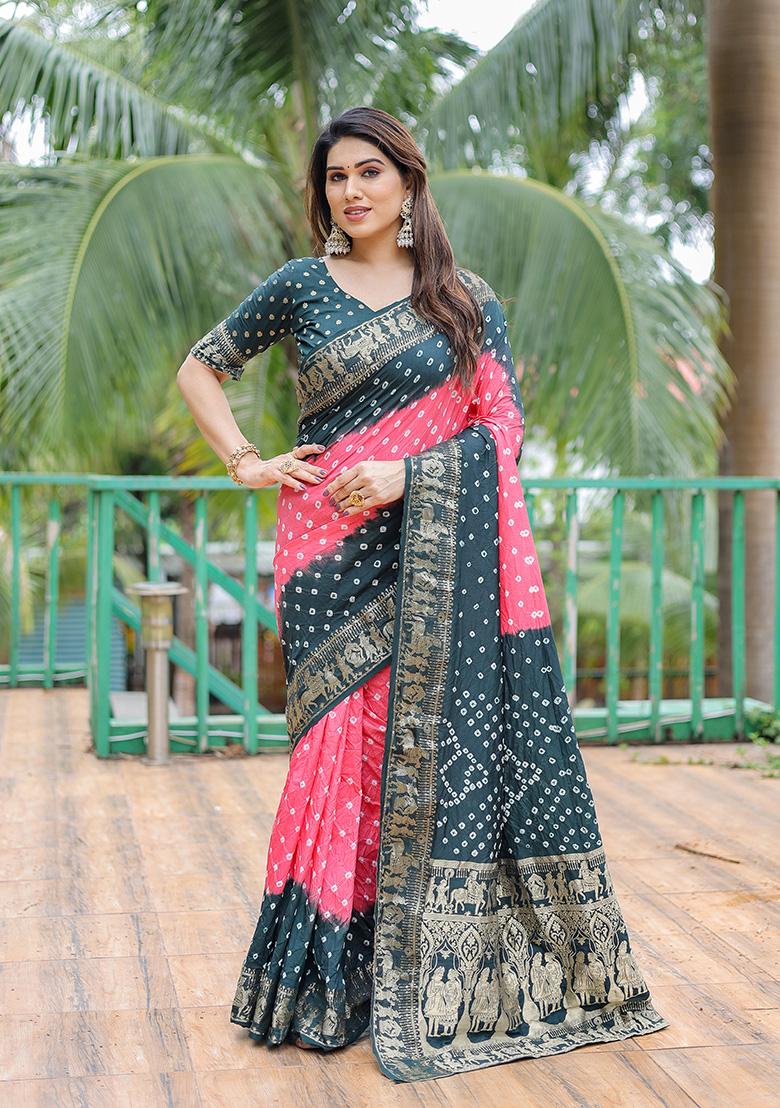 Dark Teal Bandhani Print Silk Saree Set