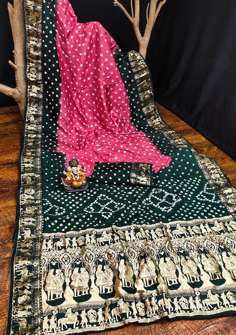 Dark Teal Bandhani Print Silk Saree Set