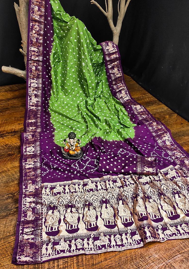 Maroon Bandhani Print Silk Saree Set