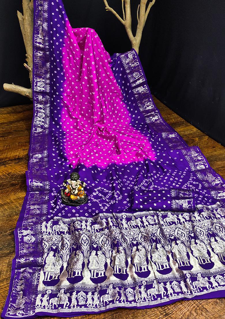 Purple Bandhani Print Silk Saree Set