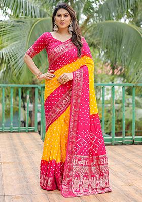 Rani Pink Bandhani Print Silk Saree Set