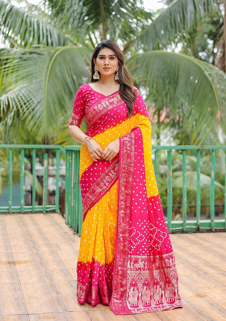 Rani Pink Bandhani Print Silk Saree Set