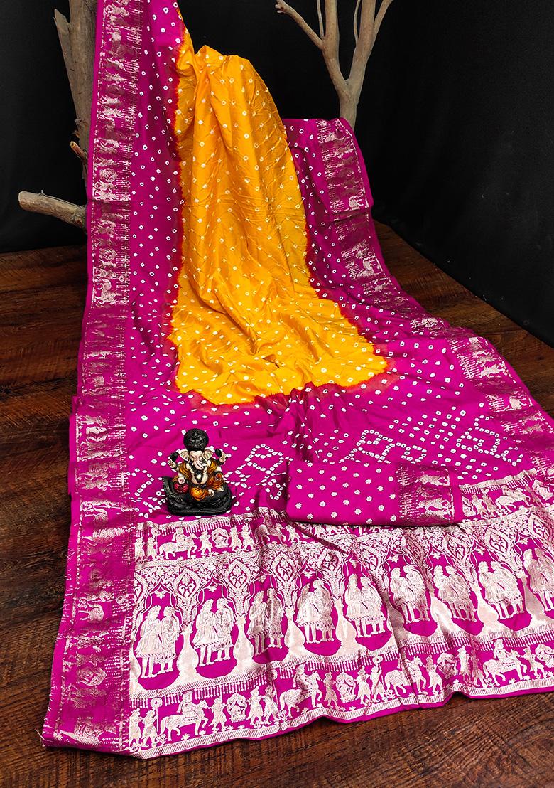 Rani Pink Bandhani Print Silk Saree Set