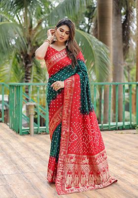 Red Bandhani Print Silk Saree Set