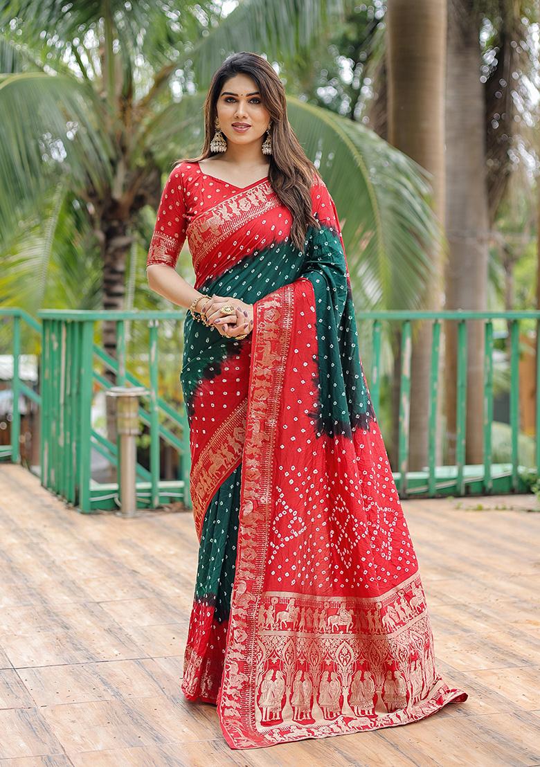 Red Bandhani Print Silk Saree Set