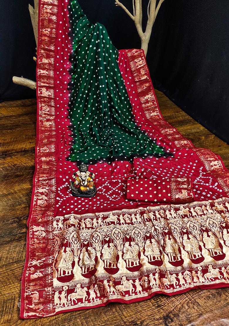 Red Bandhani Print Silk Saree Set