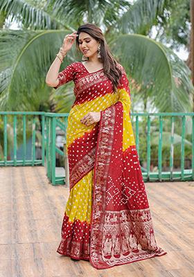 Yellow Bandhani Print Silk Saree Set