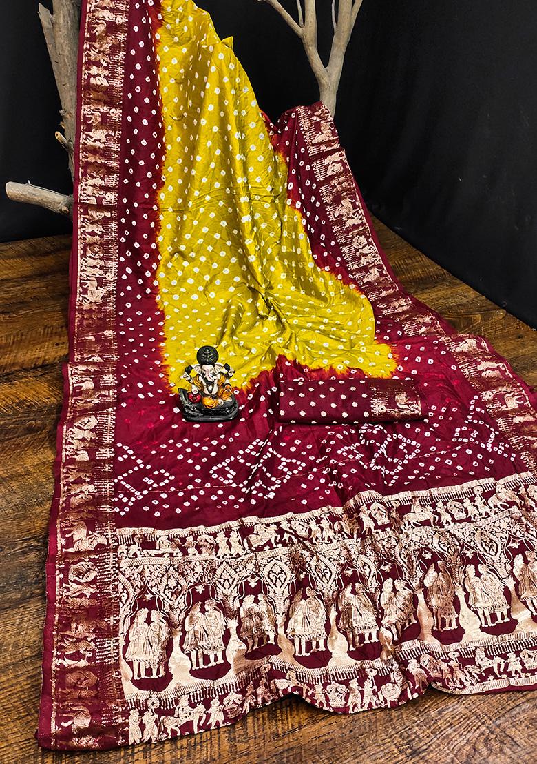 Yellow Bandhani Print Silk Saree Set