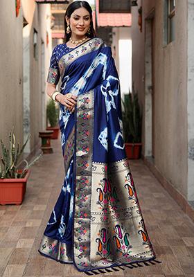 Dark Blue Solid Silk Saree Set