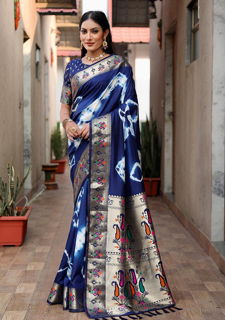 Dark Blue Solid Silk Saree Set