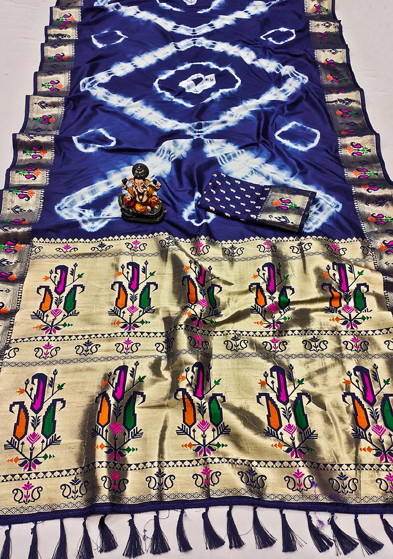 Dark Blue Solid Silk Saree Set