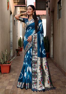 Deep Blue Solid Silk Saree Set