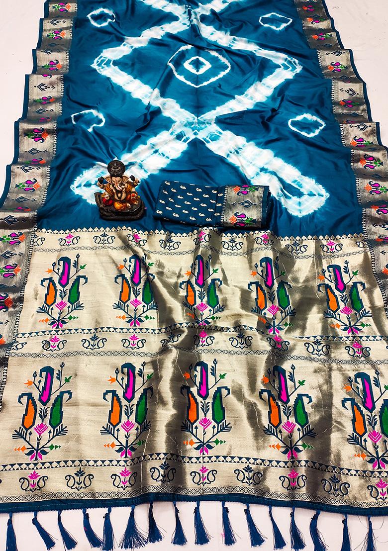 Deep Blue Solid Silk Saree Set