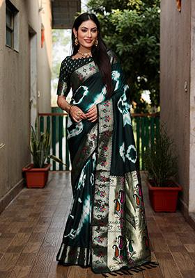 Green Solid Silk Saree Set