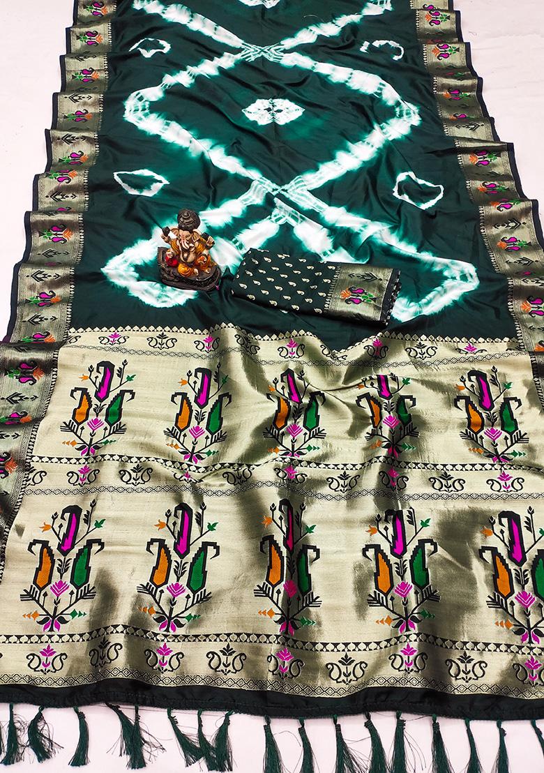 Green Solid Silk Saree Set