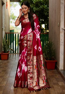 Maroon Solid Silk Saree Set
