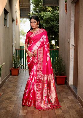 Rani Pink Solid Silk Saree Set