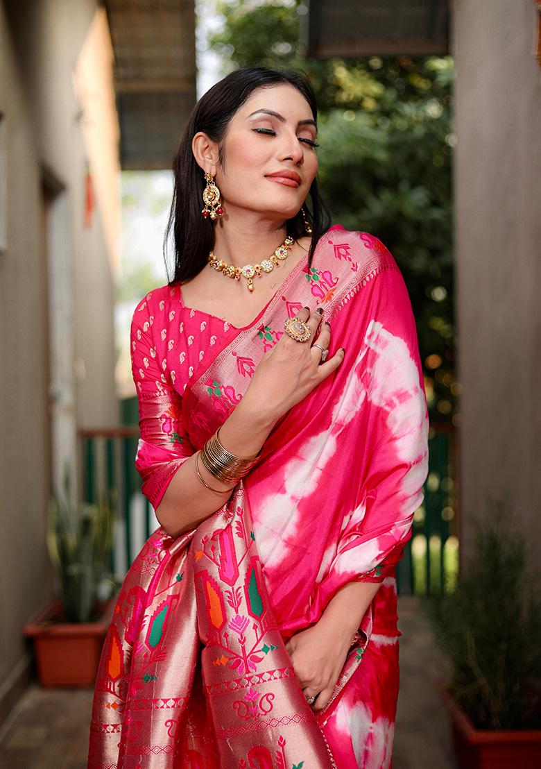 Rani Pink Solid Silk Saree Set