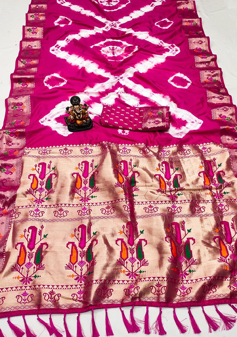 Rani Pink Solid Silk Saree Set