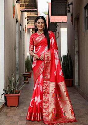 Red Solid Silk Saree Set