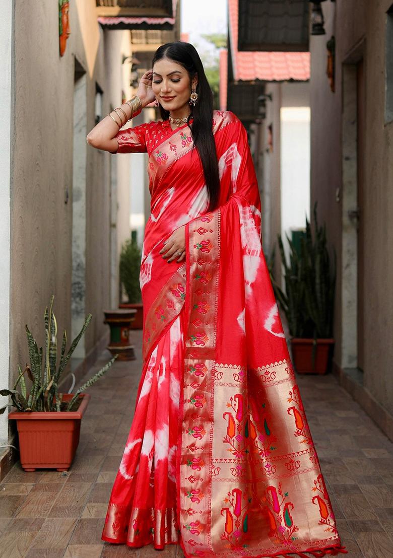 Red Solid Silk Saree Set