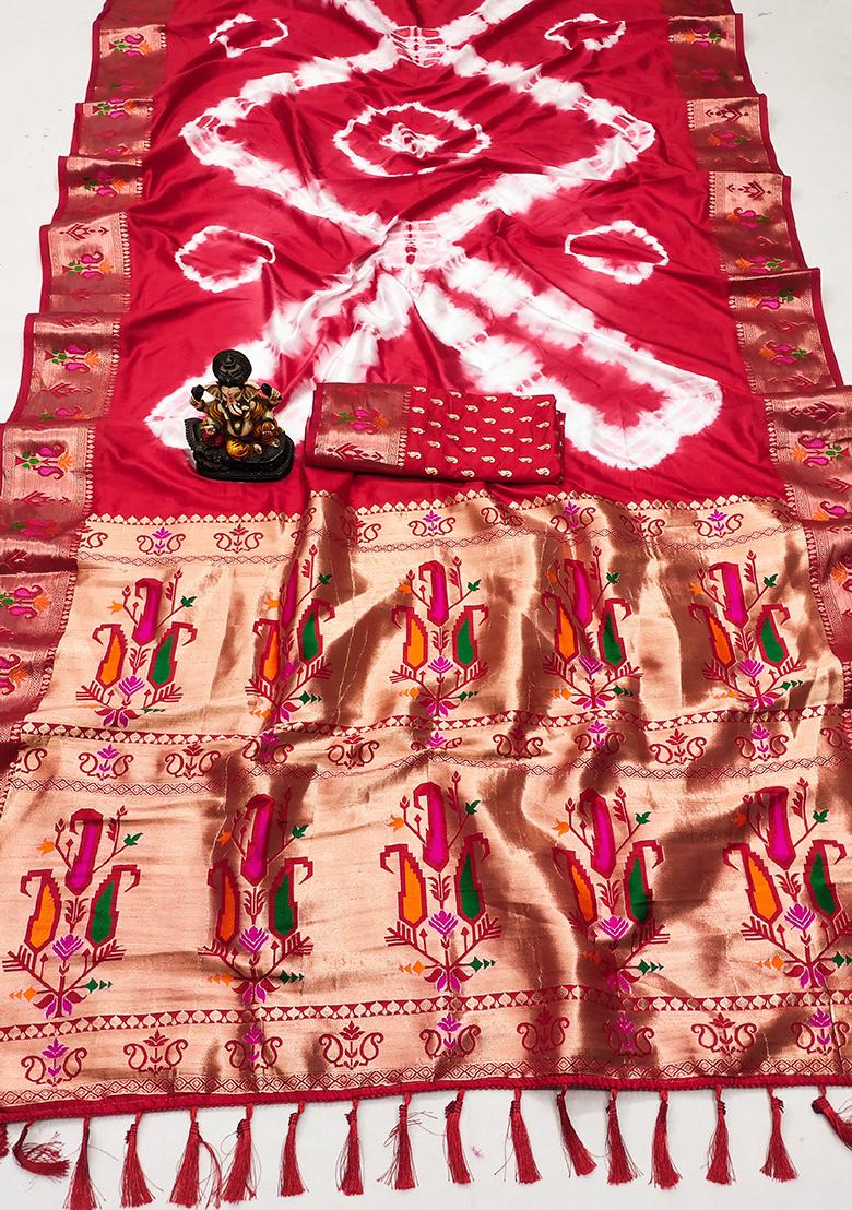 Red Solid Silk Saree Set