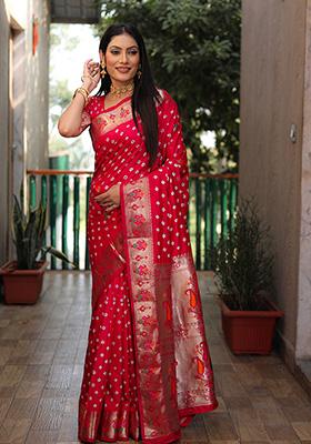 Cherry Red Zari Silk Saree Set